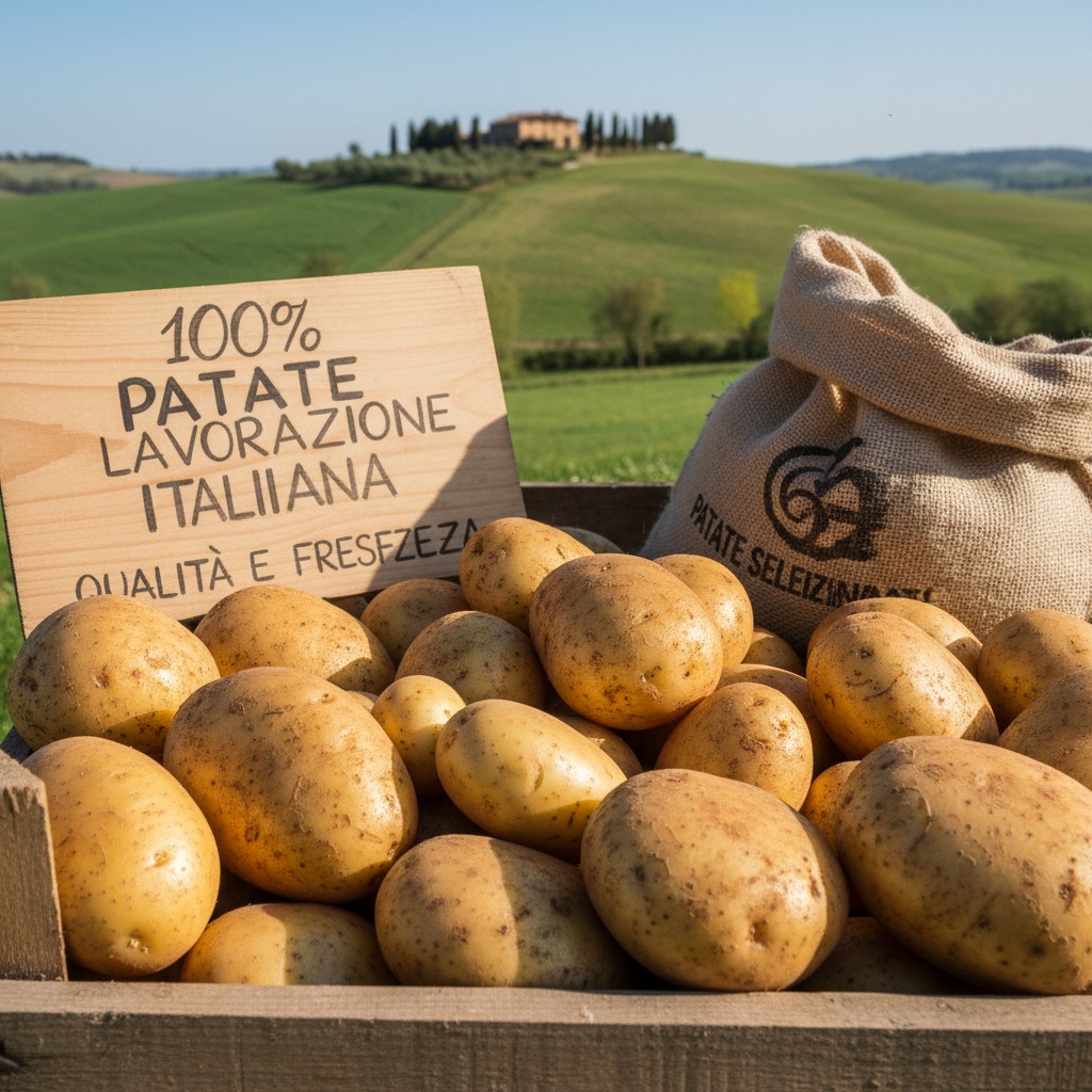 Una cassetta di legno piena di patate fresche con un cartello informativo e un sacco di iuta, sullo sfondo di un paesaggio collinare toscano.