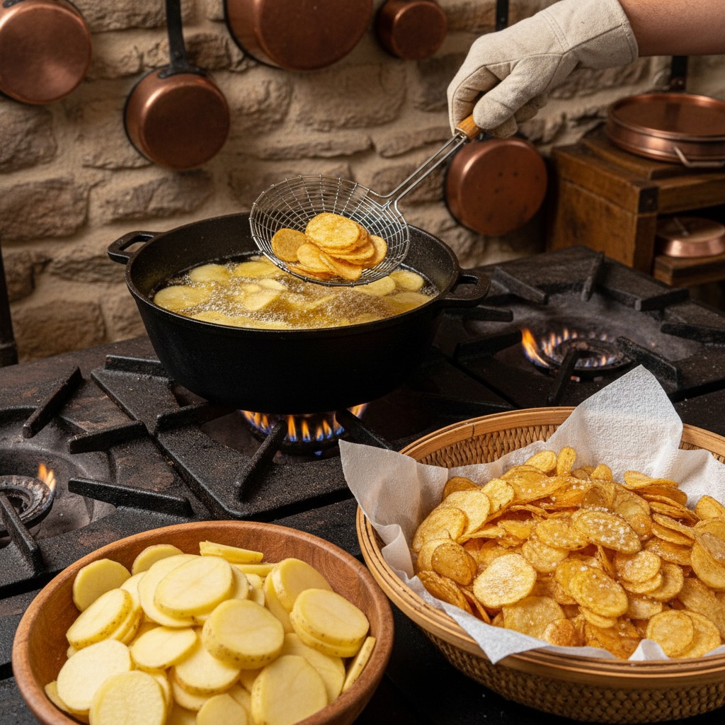 Una mano con guanto protettivo solleva con una schiumarola delle patatine fritte da una pentola in ghisa su un fornello, accanto a ciotole contenenti patate affettate crude e patatine già pronte.